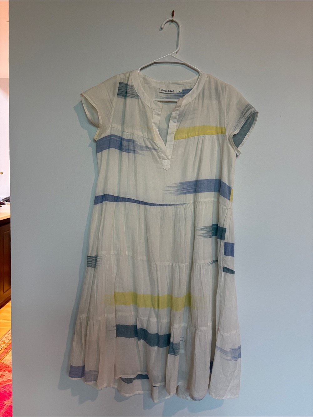 Roller Rabbit White Midi Dress with Blue and Yellow Stripes